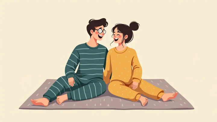 couple en grenouillères sur le tapis du salon